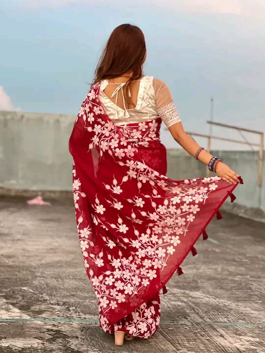 Half silk block print sharee