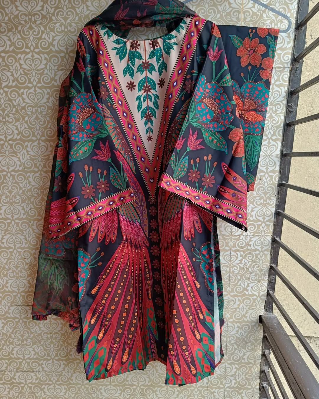 Ready Made Pure dubai silk  Digital  Print Three Piece