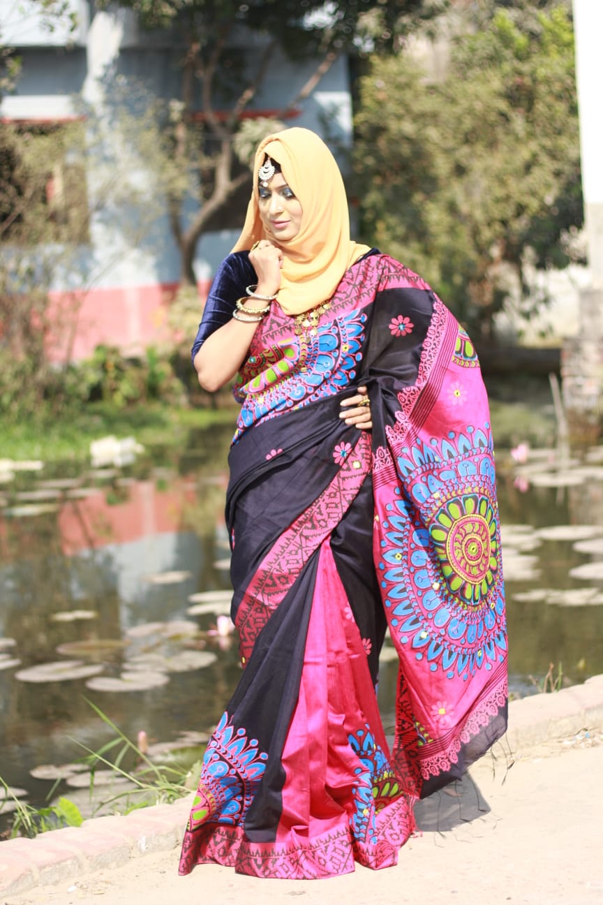 হ্যান্ডপ্রিন্ট হাফসিল্ক শাড়ী