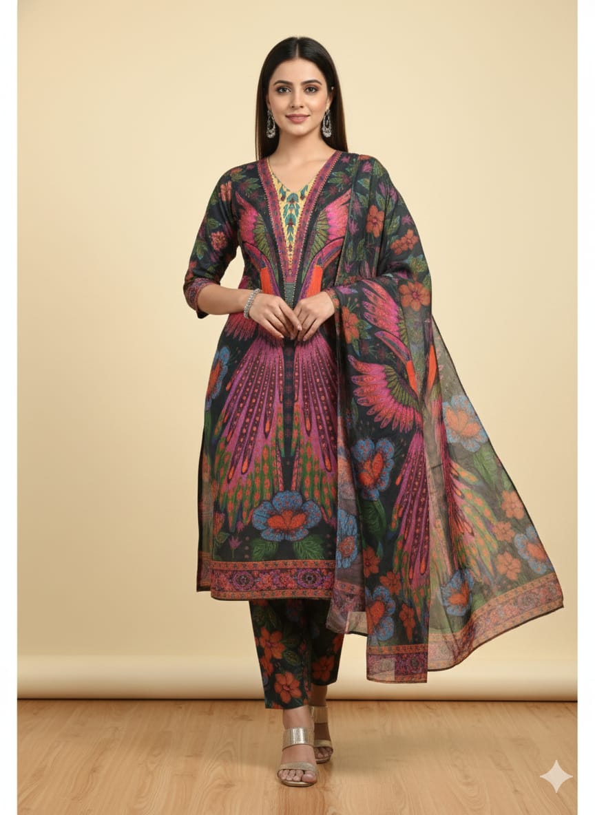 Ready Made Pure dubai silk  Digital  Print Three Piece