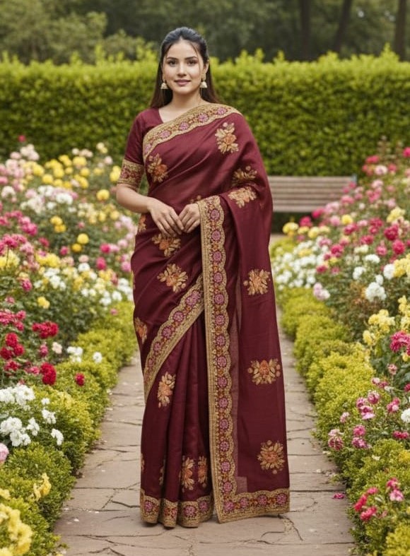 Premium Embroidery Semi Moslin Sharee ছবি 9