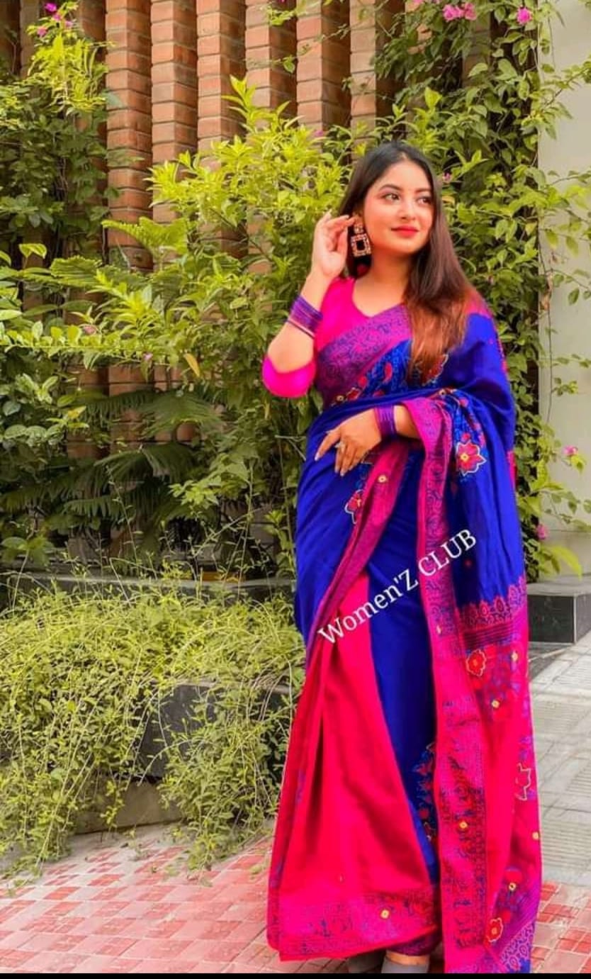 হ্যান্ডপ্রিন্ট হাফসিল্ক শাড়ী ছবি 14