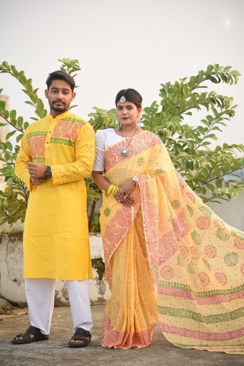 সুতি শাড়ী ও স্লাব কটন পাঞ্জাবিকাপল সেট ছবি 2