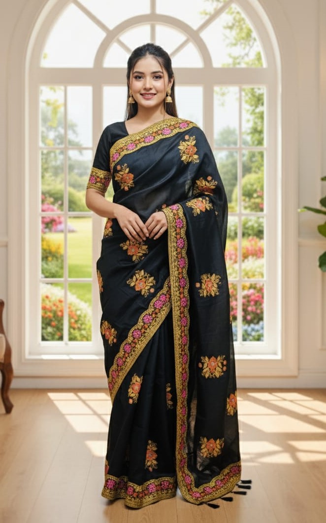 Premium Embroidery Semi Moslin Sharee ছবি 5