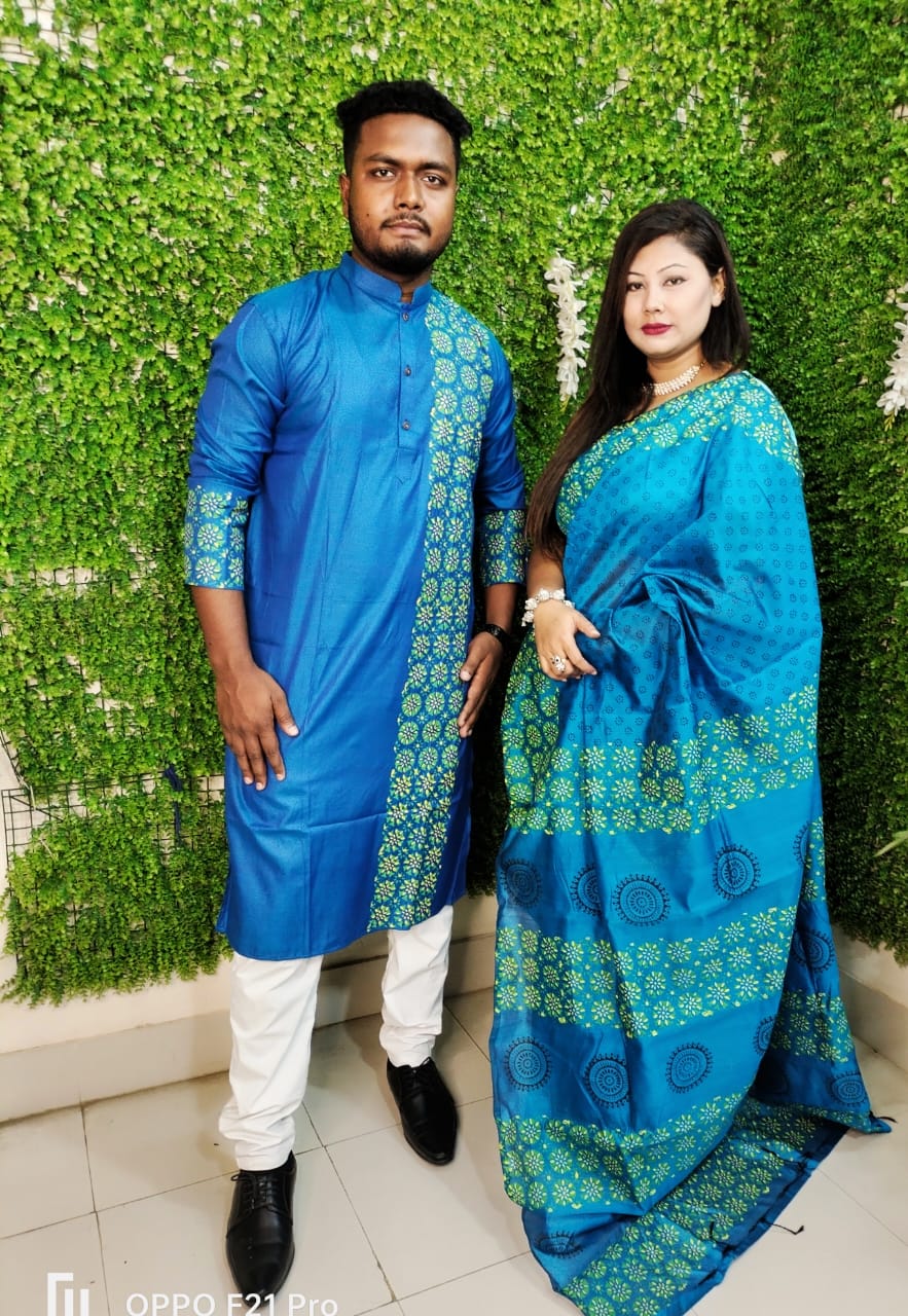 এক্সক্লুসিভ ধুপিয়ান সিল্ক শাড়ি & পাঞ্জাবি কাপল ড্রেস