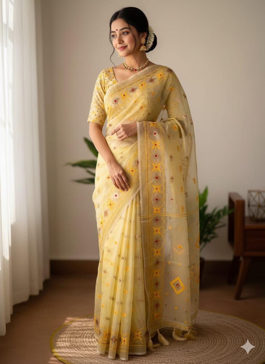 Half Silk Jamdani Print Saree ছবি 3