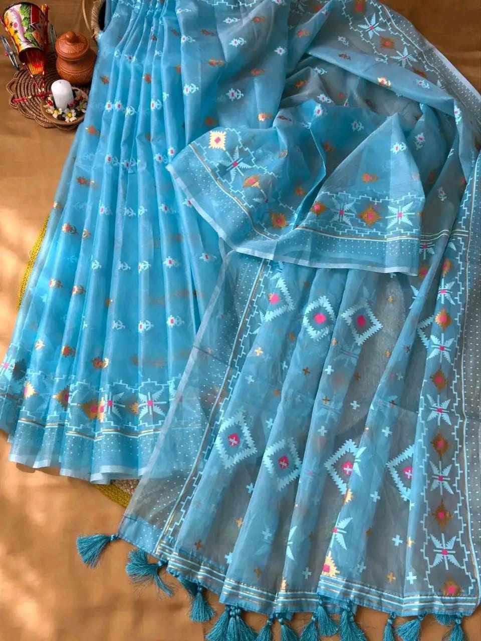 Half Silk Jamdani Print Saree ছবি 10