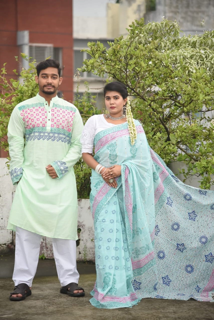 সুতি শাড়ী ও স্লাব কটন পাঞ্জাবিকাপল সেট ছবি 5