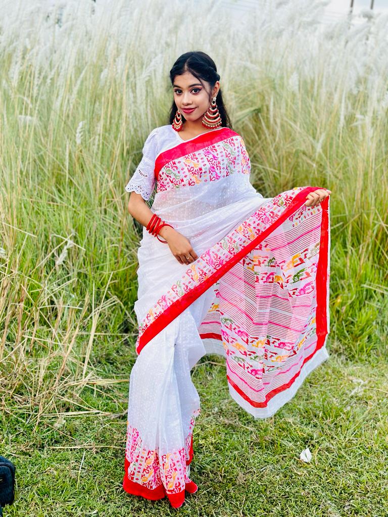 হাফ সিল্ক স্ক্রিন প্রিন্ট শাড়ি