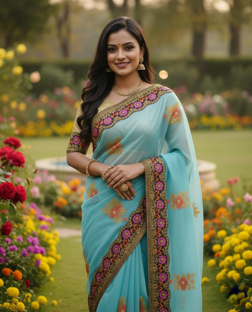 Premium Embroidery Semi Moslin Sharee