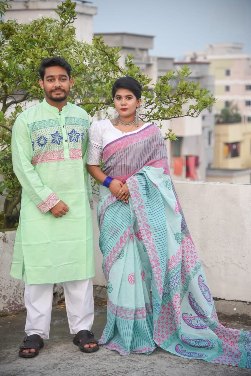 সুতি শাড়ী ও স্লাব কটন পাঞ্জাবিকাপল সেট