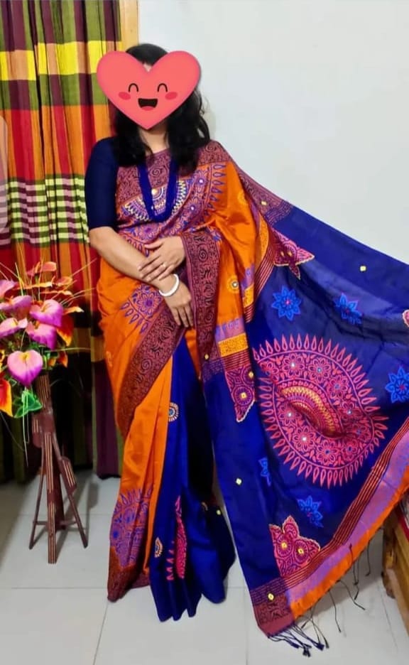 হ্যান্ডপ্রিন্ট হাফসিল্ক শাড়ী ছবি 9
