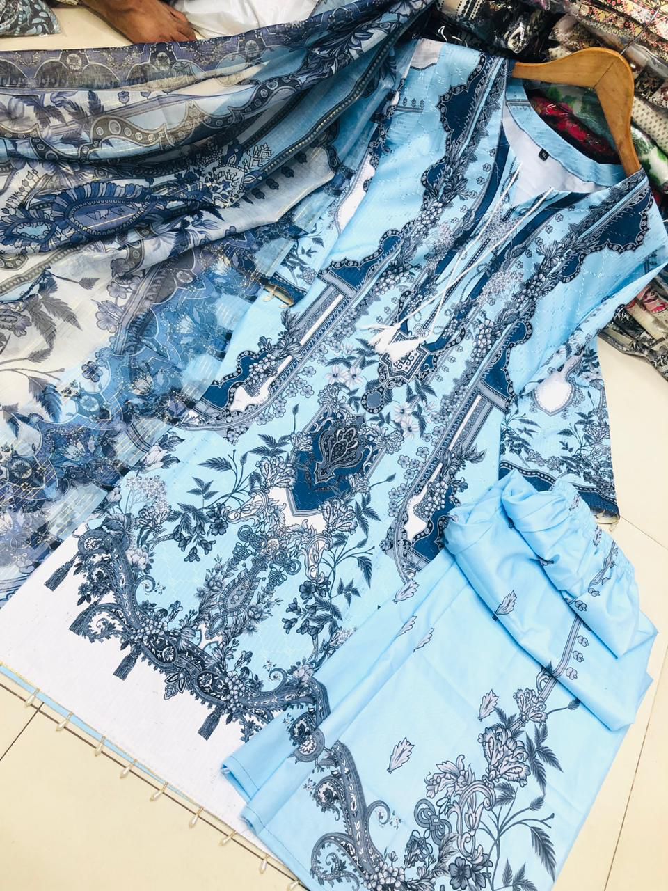 Embroidery Sequence Digital Print Three Piece