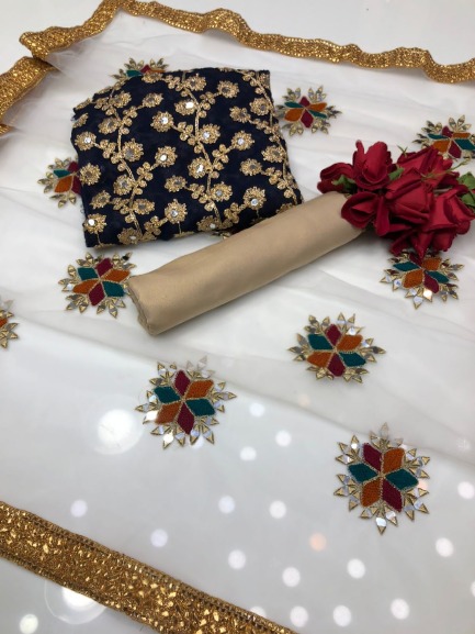 সেমী স্টিচড জর্জেট এমব্রয়ডারি থ্রী পিস