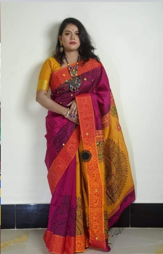 হ্যান্ডপ্রিন্ট হাফসিল্ক শাড়ী ছবি 11
