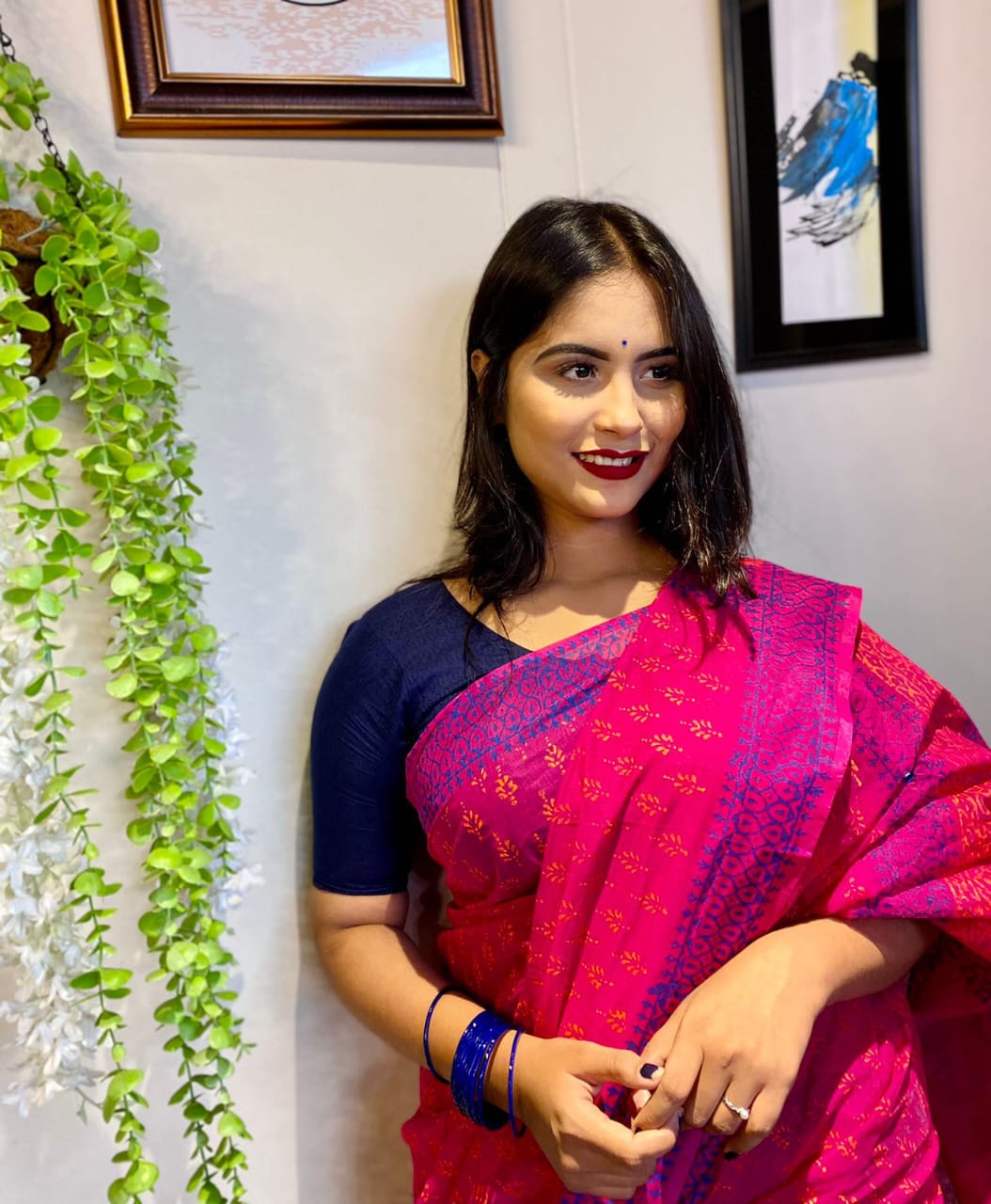 হাফ সিল্ক ব্লক প্রিন্ট শাড়ি ব্লাউজ পিস সহ