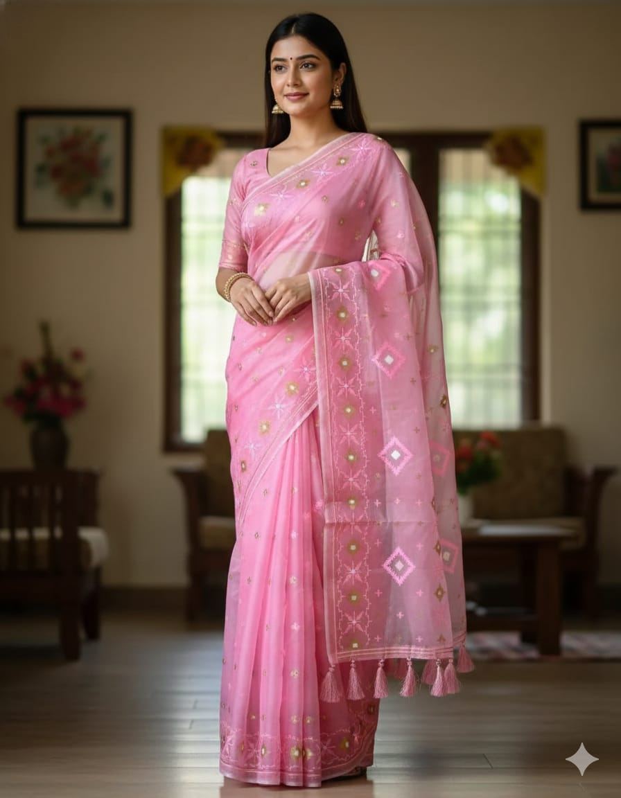 Half Silk Jamdani Print Saree ছবি 7