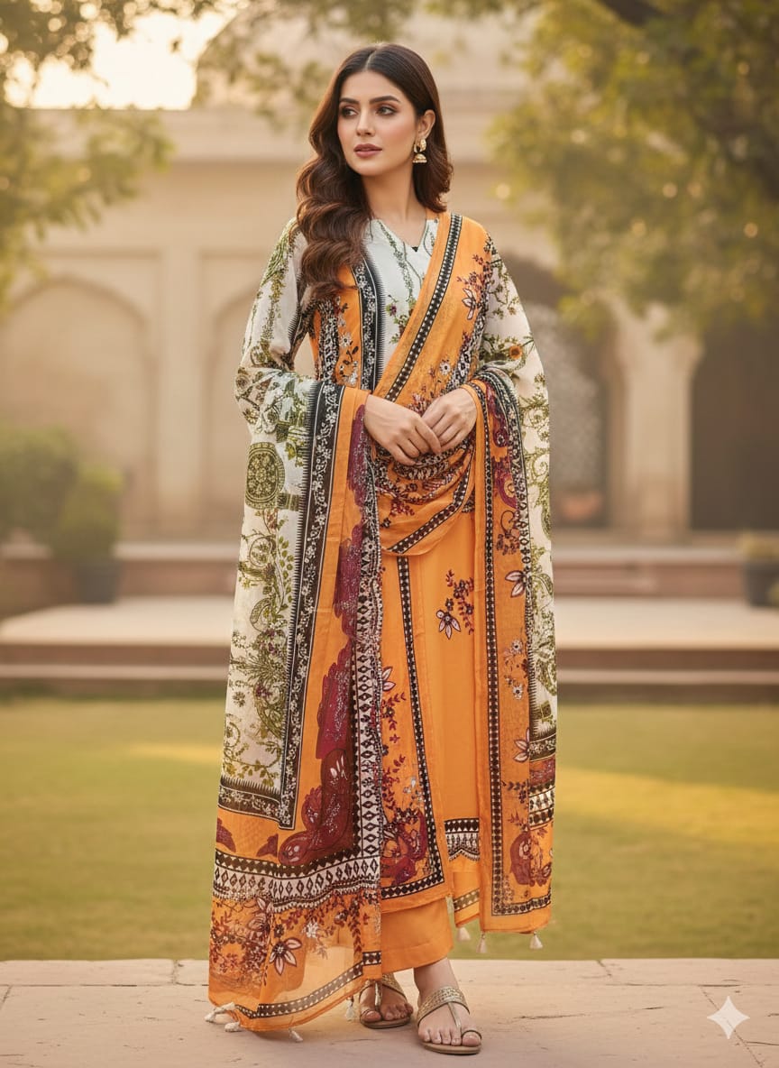 Ready Made Pure dubai silk  Digital  Print Three Piece