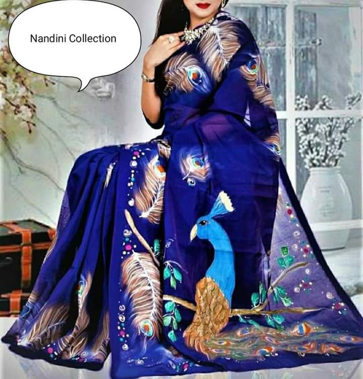 হাফসিল্ক শাড়ীতে  হ্যান্ডপ্রিন্ট তুলির কাজ করা ছবি 16