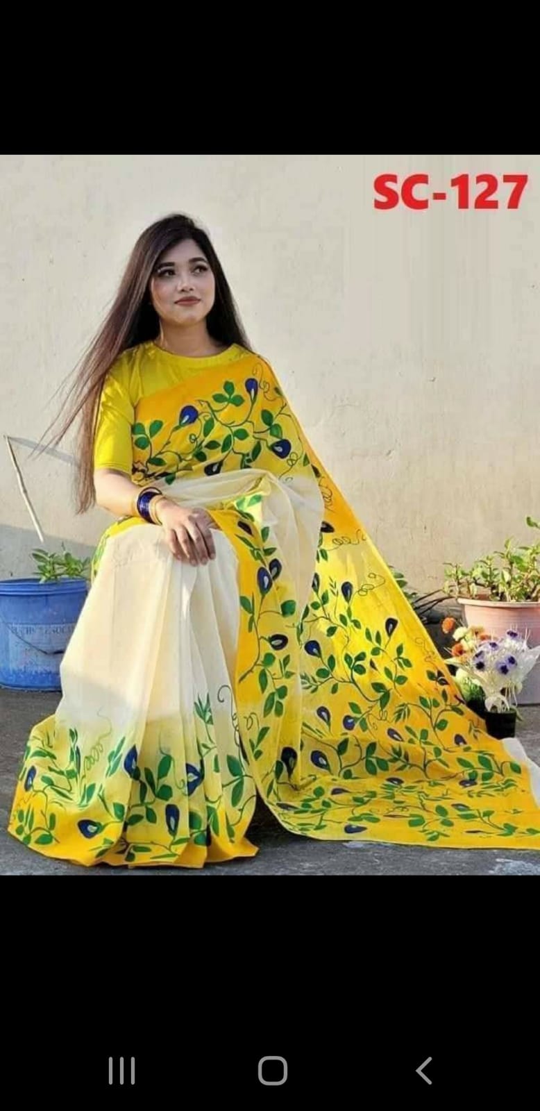 হাফসিল্ক শাড়ীতে  হ্যান্ডপ্রিন্ট তুলির কাজ করা ছবি 8