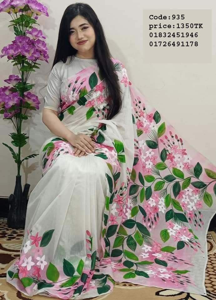 হাফসিল্ক শাড়ীতে  হ্যান্ডপ্রিন্ট তুলির কাজ করা ছবি 14