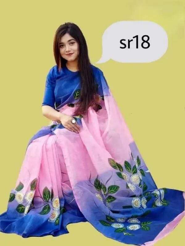 হাফসিল্ক শাড়ীতে হ্যান্ডপ্রিন্ট তুলির কাজ করা ছবি 7