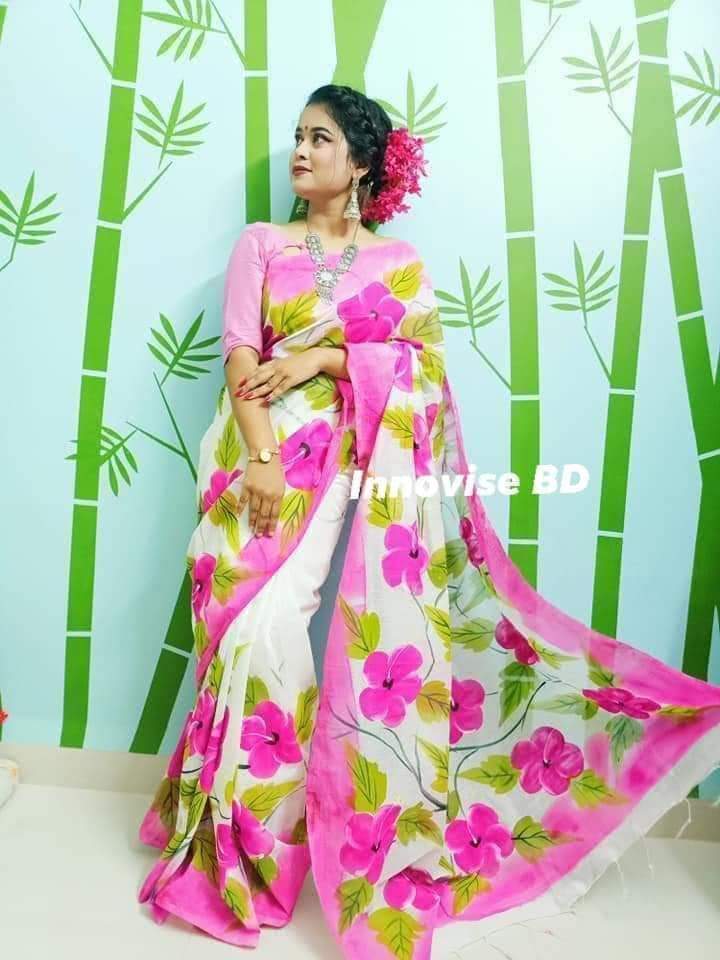 হাফসিল্ক শাড়ীতে  হ্যান্ডপ্রিন্ট তুলির কাজ করা ছবি 16