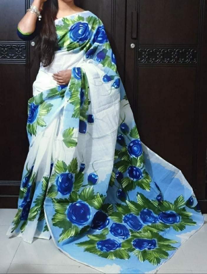 হাফসিল্ক শাড়ীতে  হ্যান্ডপ্রিন্ট তুলির কাজ করা