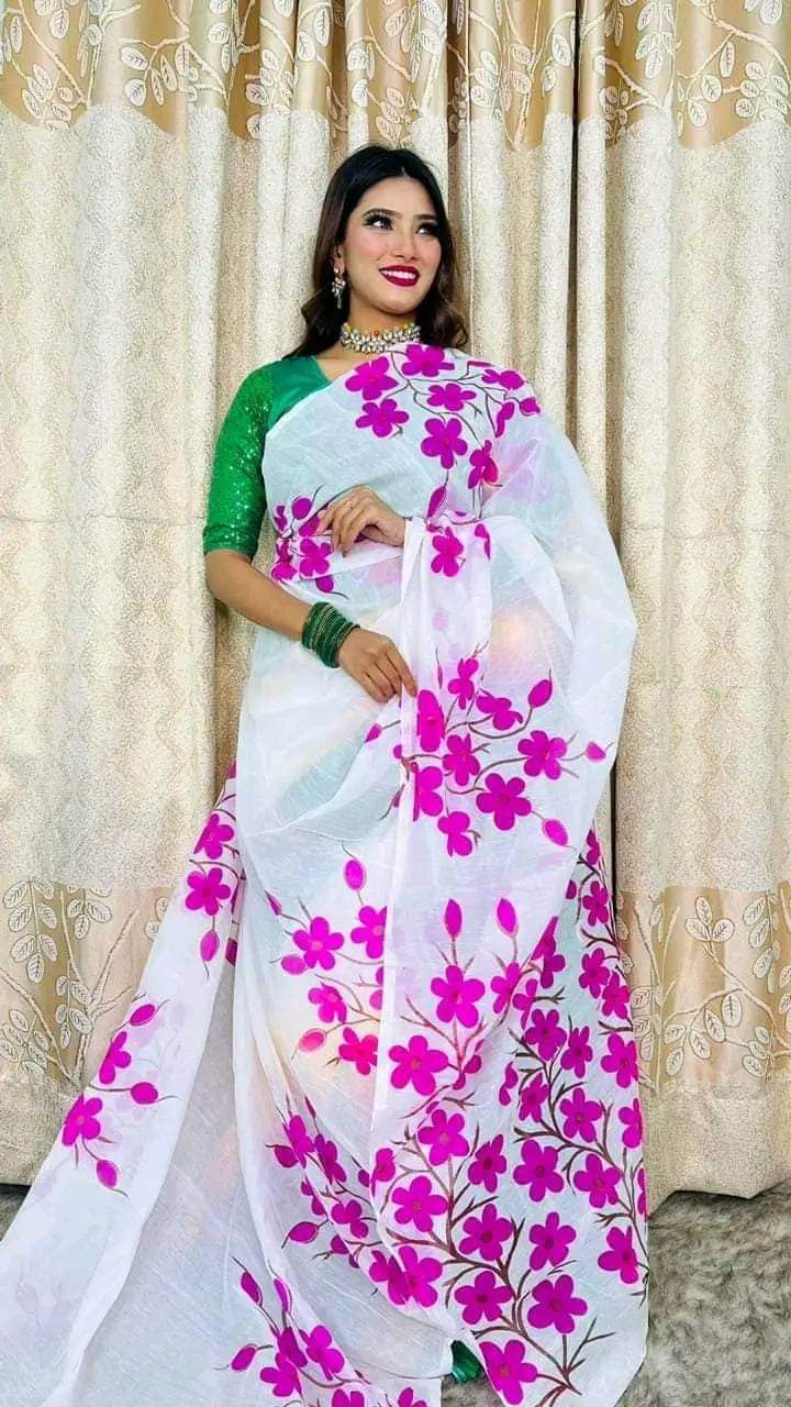 হাফসিল্ক শাড়ীতে  হ্যান্ডপ্রিন্ট তুলির কাজ করা ছবি 3
